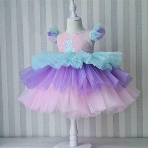 Girls Rainbow Dresses For Kids Wedding Lace Tulle Tutu Cake Prom Children Elegant Evening Party Princess Bridesmaid Clothes