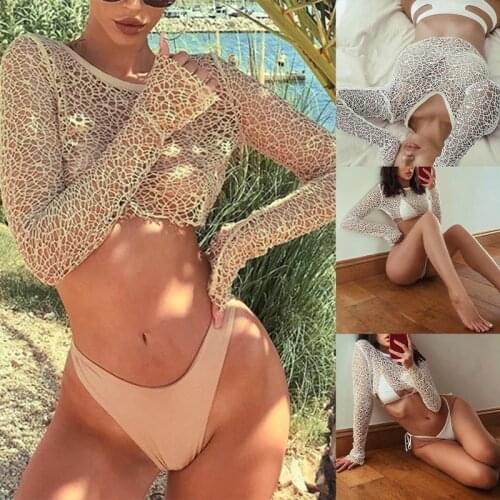 Fashion Round Neck Long Sleeve Hollow See-Through Crop T-Shirt Top Mesh Short Top