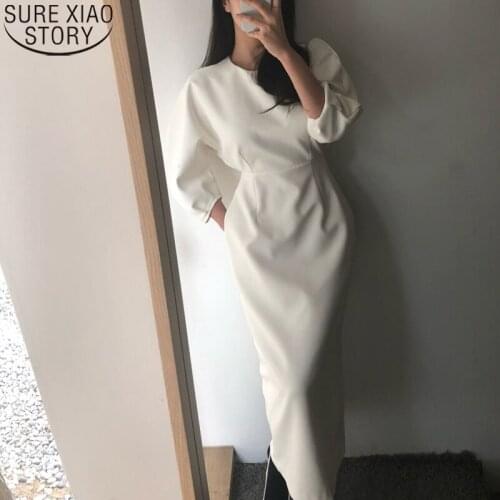 Fashion Sexy Solid Dress Women Slim O-neck puff Midi Dress Elegant Ladies Office Dress Vestidos OL Style Sheath Dresses 12089