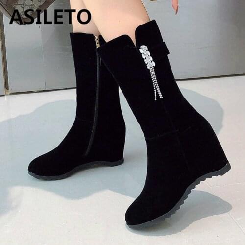 ASILETO New Fashion Women Wedges Ankle Boots Increasing Height Shoes Gauze High Heels Booties Metal Rhinestone botas mujer