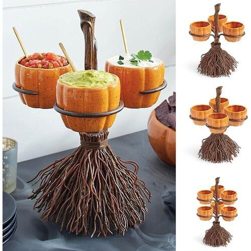 Pumpkin Shaped Dish Racks With Broom Support Halloween Decorations Fruit Bowls For Party Adorable Brooms Creative Snack Basket