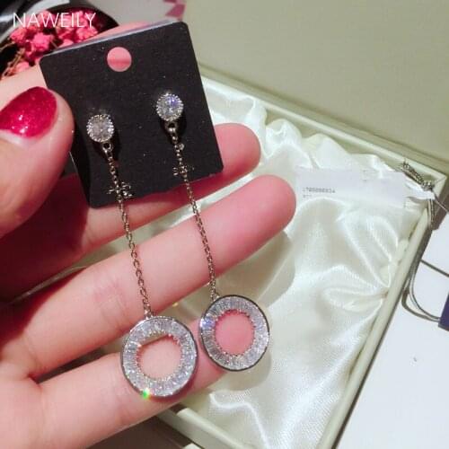 Simple Circle Drop Earrings Shiny CZ Zircon Round Long Earring Fashion Wedding Jewelry 2020 New Korean Erring