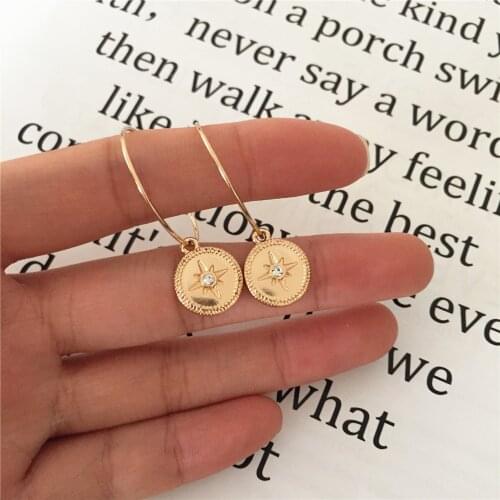 Chic Earrings Gold Color Plating Round Disc with Clear Stone In Center Charm Basic Girl Daily School Decoration Jewelry
