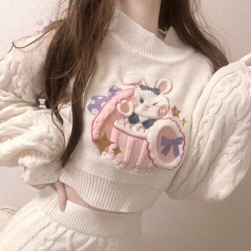 Spring Japanese Kawaii Rabbit Pattern Long Sleeve Sweater Casual Soft Solid Knitted Loose Cropped Women Pullover Cute Jumper