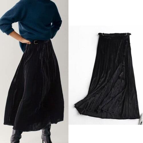 Womens Skirt Za Office Lady Solid Black Velvet Thick Skirt High Waist Mid-Calf A-Line Sahses Loose Skirt Mujer