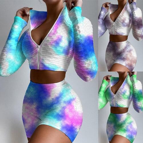 BAMBOOBOY Womens New Fashion Chic Tie Dye Print Long Sleeve Top Shorts Casual Sports Yoga Gym Fitness Two Piece Suit LN349