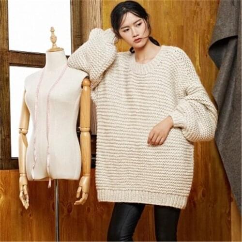 100% hand made wool low Oneck knit women fashion solid loose thick long pullover sweater black 4color customized