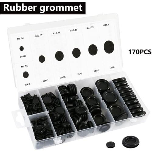 170pcs Black Closed Seal Ring Grommets Car Electrical Wiring Cable Gasket Kit Rubber Grommet Hole Plug Set with Plastic Box
