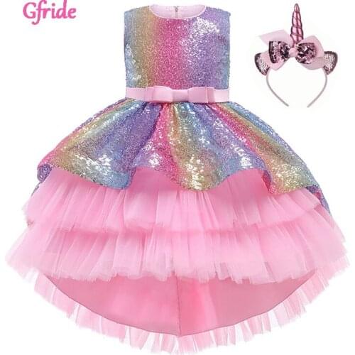 2021 Princess Girl Rainbow Dress Unicorn Pony Costume Sleeveless For Kids Birthday Party Gown Elegant Piano Performance Clothing