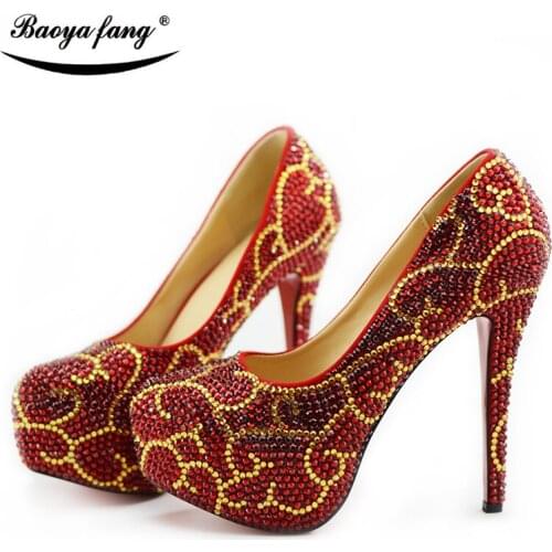 BaoYaFang Red crystal womens Wedding shoes Bride High heels platform shoes and purse sets Woman High shoes big size 43