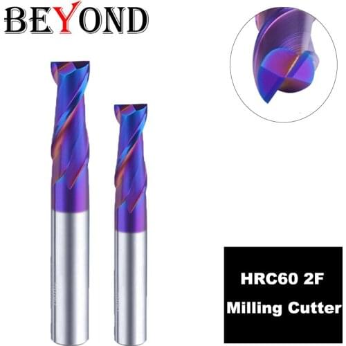BEYOND 2Flutes HRC60 Blue Nanometer Tungsten Steel End Mill Woodworking Tools Carbide CNC Machining Center Milling Cutter
