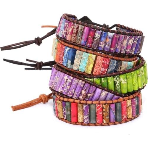 Wrap Bracelets Tube Shape Natural Beads Stone Single Leather Bracelet Semi Precious Stone Bracelets for Women Men Jewelery
