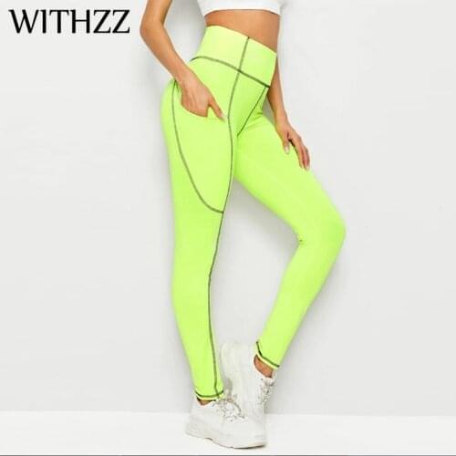 WITHZZ Stretch Fluorescent Green Sportleggings Women Leggins Elbows For Fitness Legging Legins Workout Vrouwen Tayt Leggings