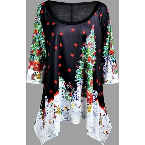 Large Size Christmas Tree Print Top New Hot Sale Christmas Elements Female Round Neck Loose Sleeve T-shirt