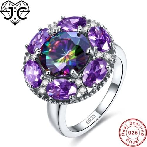 J.C High Quantity Ruby Spinel & Amethyst Rainbow Blue White Topaz Real 925 Sterling Silver Ring Size 6 7 8 9 Female Fine Jewelry