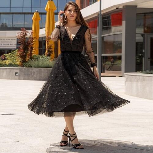 Classical Black Long Sleeve Evening Dresses A Line Illusion Knee Length Tulle Party Occasion Gown 2021