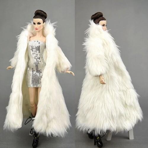 Doll Accessories Set For Barbie Dolls Parka Dress Winter Super Long Fur White Coat & Silver Dress Fashion Clothes For 1/6 Dolls