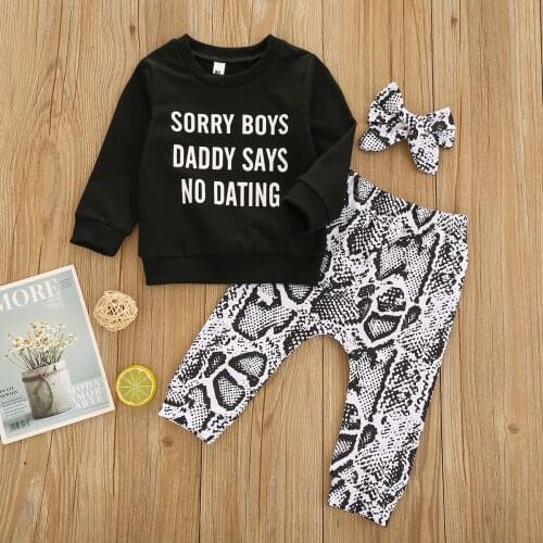 Infant Baby Girls Clothes Sets Letter Print Pullover Sweatshirt Tops Snakeskin Trousers Pants Headband