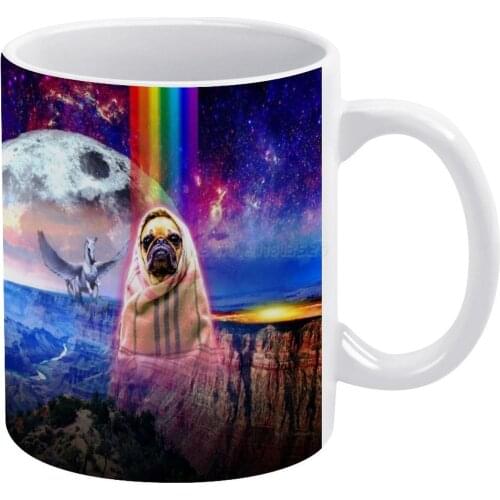 Space Pug , I Come in Peace Dog White Mug 11oz Funny Ceramic Coffee Tea Milk Cups Pug Dog Puppy Pet Vet Fantasy High Meditation