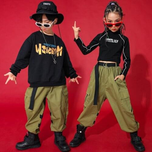 Hip Hop Dance Costumes Kids Girls Long Sleeves Tops Green Cargo Pants Children Jazz Street Dance Performance Rave Clothes BL6862