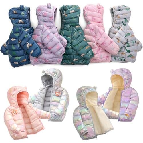 VOGUEON Dinosaur Cartoon Print Baby Down Jackets Girls Autumn Winter Boys Coat Ear Hooded Zipper Outerwear Jacket Kids Clothing