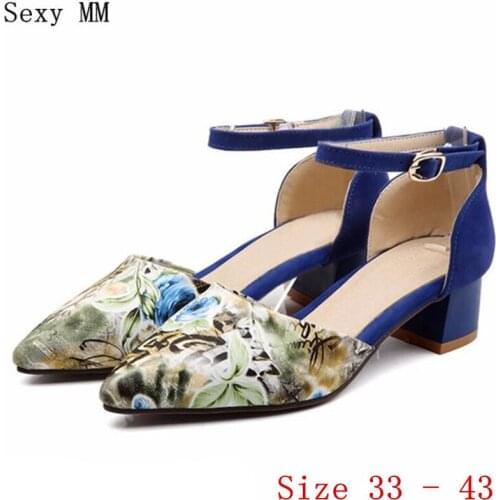 Summer Sweet Women Low Med Heels T-Strap Square heel Shoes Woman High Heels Ladies Sandals Pumps Plus Size 33 - 40 41 42 43