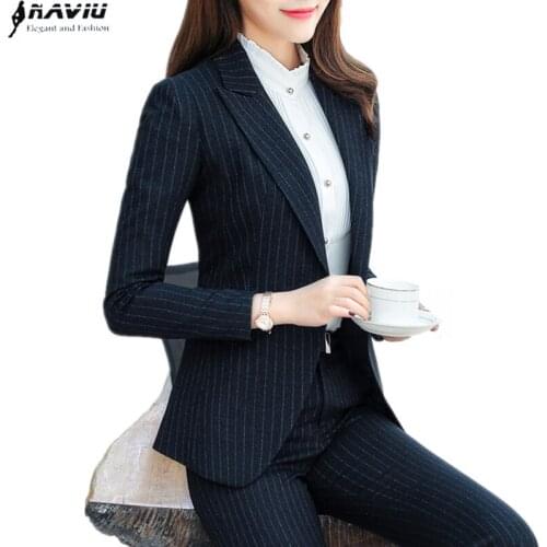 Naviu New Fashion Business Pants Suit Formal Slim Striped Blazer and Trousers Set Office Ladies Plus Size Interview Work Wear