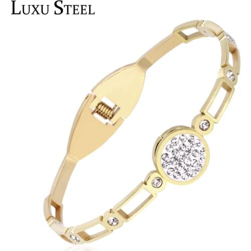 LUXUSTEEL Charm Bangle Bracelet Gold Color Round White Clay Stainless Steel Heart Cubic Zirconia Cuff Vintage Bangles Wedding