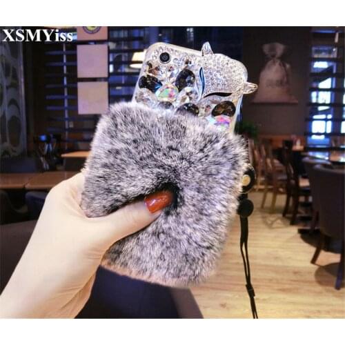 Luxury Bling Rhinestone Fox head Diamond Real Rabbit Fur Soft Cover Case For Huawei Honor8 9 10 20 Lite V10 V20 7X 8X Nova 3 4 5
