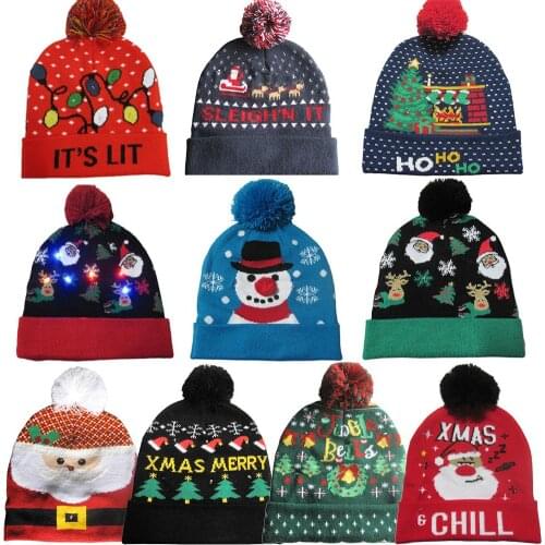 LED Light Christmas Hats Beanie Sweater Knitted Santa Hat Light Up Knitted Hat Warm Gift For Kid Adult For Christmas Party 2021
