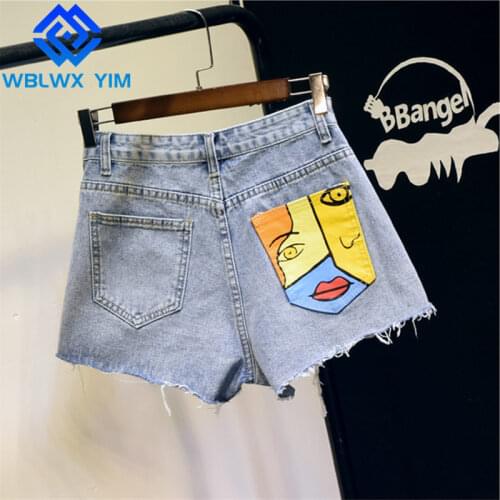 Letter embroidery Denim Shorts Women Fashion Print Pocket Hole A-Line Jeans Shorts Female High Waist Wide legs Short Jeans