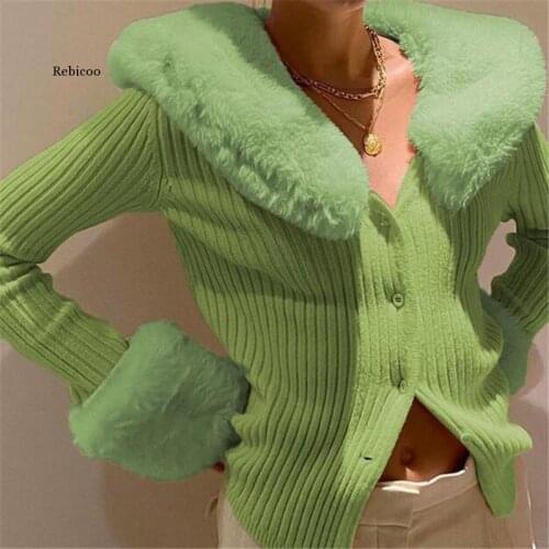 Sexy Ribbed Knitted Ladies Cardigans Sweaters with Fur Trim Collar Long Sleeve Slim Autumn Winter Jumpers Sweater Women Knitwear