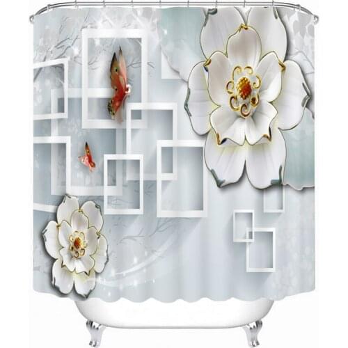 3D White Flower Butterfly Pattern Shower Curtains Bathroom Curtain Waterproof Thickened Bath Curtain Customizable
