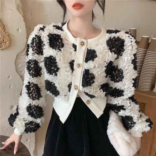 3D Hit Color Flowers Women Jacket Long Sleeve O-neck Causal Coat 2021 New Single Breasted Elegant Outerwear Tops French elegance