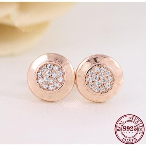 Free Shipping Real 925 Sterling Silver Earring Rose Gold Round Shiny Earrings For Women Wedding Gift Fashion Jewelry
