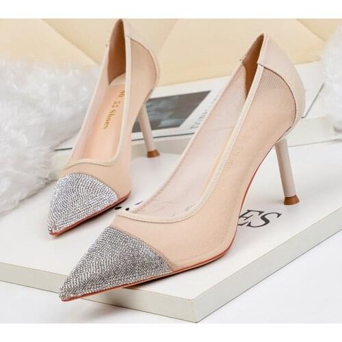 Women pumps Mesh Slip On 7.5CM Thin Heels High heels Pointed Toe Rhinestones Bling Shallow high heels women shoes size 35-42