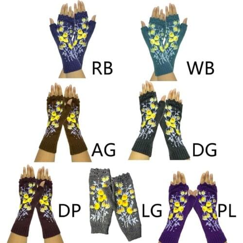 Women Knit Lengthen Fingerless Gloves Yellow Floral Embroidery Texting Mittens H9ED