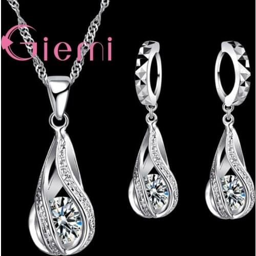 100% 925 Sterling Silver New Water Drop Cubic Zircon Pendant Necklace&Earrings For Women Ladies Jewelry Sets Wedding