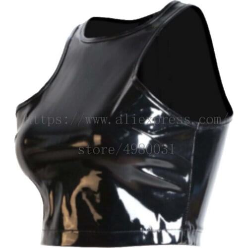 With back zipper design womens black short tight latex top vest what is made of 0.4mm thickness natural & flexible latex