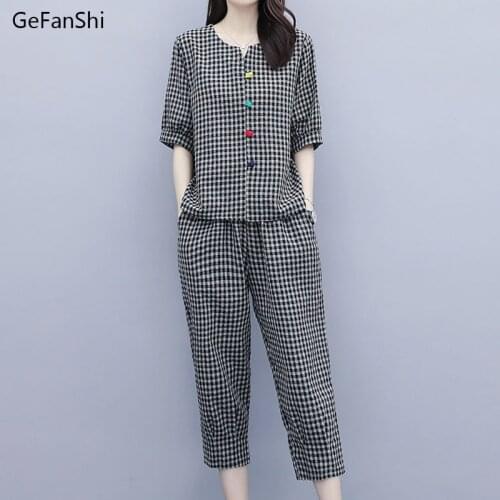 2021 Summer Womens 2Pcs Plaid V-neck Blouse+Pants Office Lady Two Pieces Set Casual Fashion Tops And Ankle-length Trousers Sets