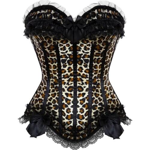 Women Sexy Satin Striped Lace Overlay Corset Bustier Victorian Leopard Overbust Corset Lingerie Top Vintage Showgirl Bodyshaper