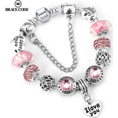 Womens LOVE Pendant Silver Bracelet Women DIY Crystal Beads Fine Bracelet Women Pulseira Jewelry Girlfriend Bracelets Gifts