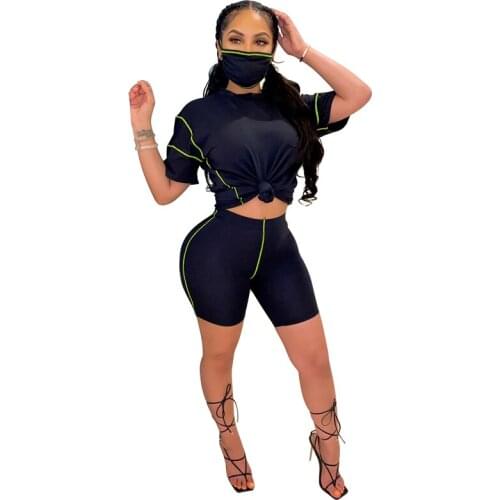 Striped Patchwork Women Moto Biker Set with Mask Color Striped Patchwork Short Sleeve T Shirt Top Sporty Shorts Female Tracksuit