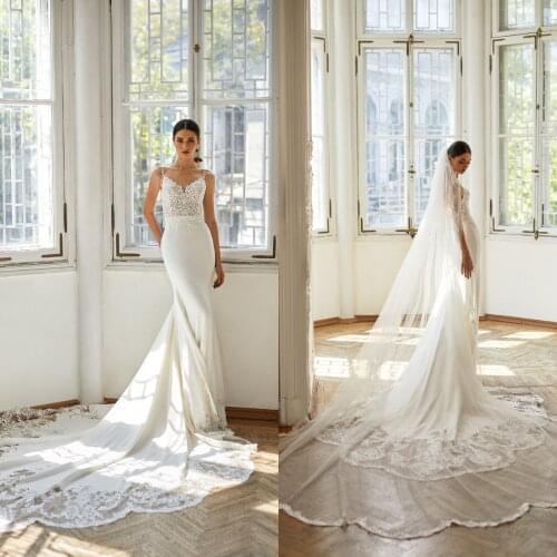 2021 Mermaid Wedding Dresses with Veil Spaghetti Lace Appliqued Boho Wedding Gowns Custom Made Bridal Summer Vestidos De Novia