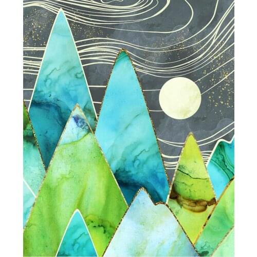 Golden Green Abstract Canvas Stars Space Painting Wall Art Posters Mountain Landscape Printing Bedroom Pictures Home Decoration