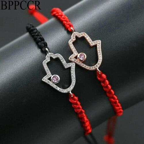 BPPCCR Hiphop Hamsa Hand Fatima Crystal Micro Zircon Black Red Rope Strings Thread Twist Woven DIY Bracelets Gifts Men Women