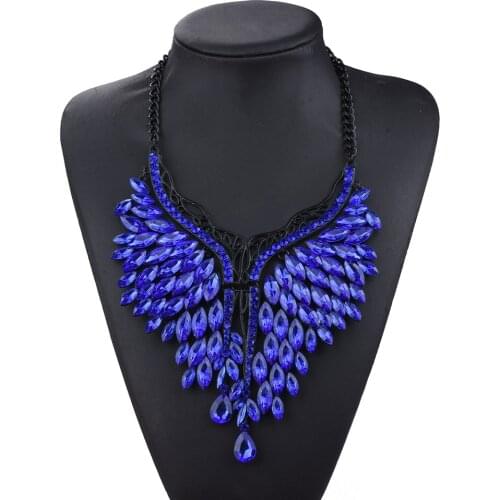 Vintage Anti Black Metal Tone Long Boho Statement Necklace Bohemian Indian Jewelry Blue Rhinestone Necklaces Pendants for Women