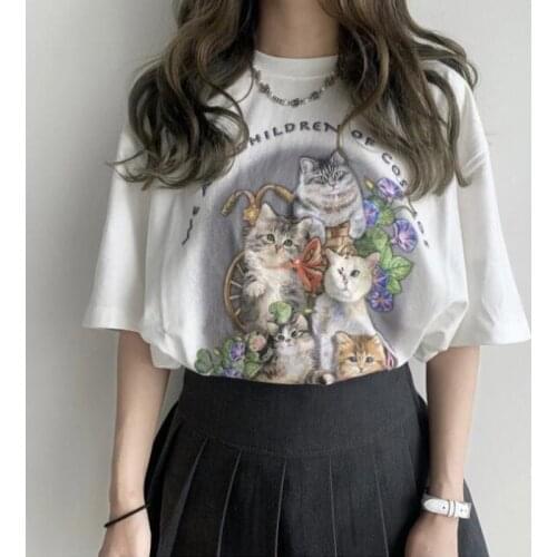 Summer Kawaii The Kitten Club Women T Shirt Streetwear White Cotton Short Sleeve Femme Oversized Graphic Tee Cute Grunge Tops