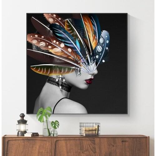 Portrait Art Canvas Paintings On The Wall Posters And Prints Girl with Feather Canvas Prints Home Wall Decorative Pictures