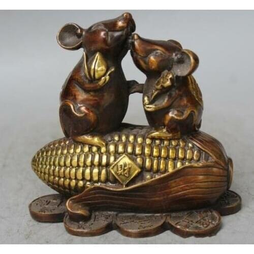 China Copper Gilt Mouse Mice Hold RuYi Peach Stand Corn Coins Wealth Statue